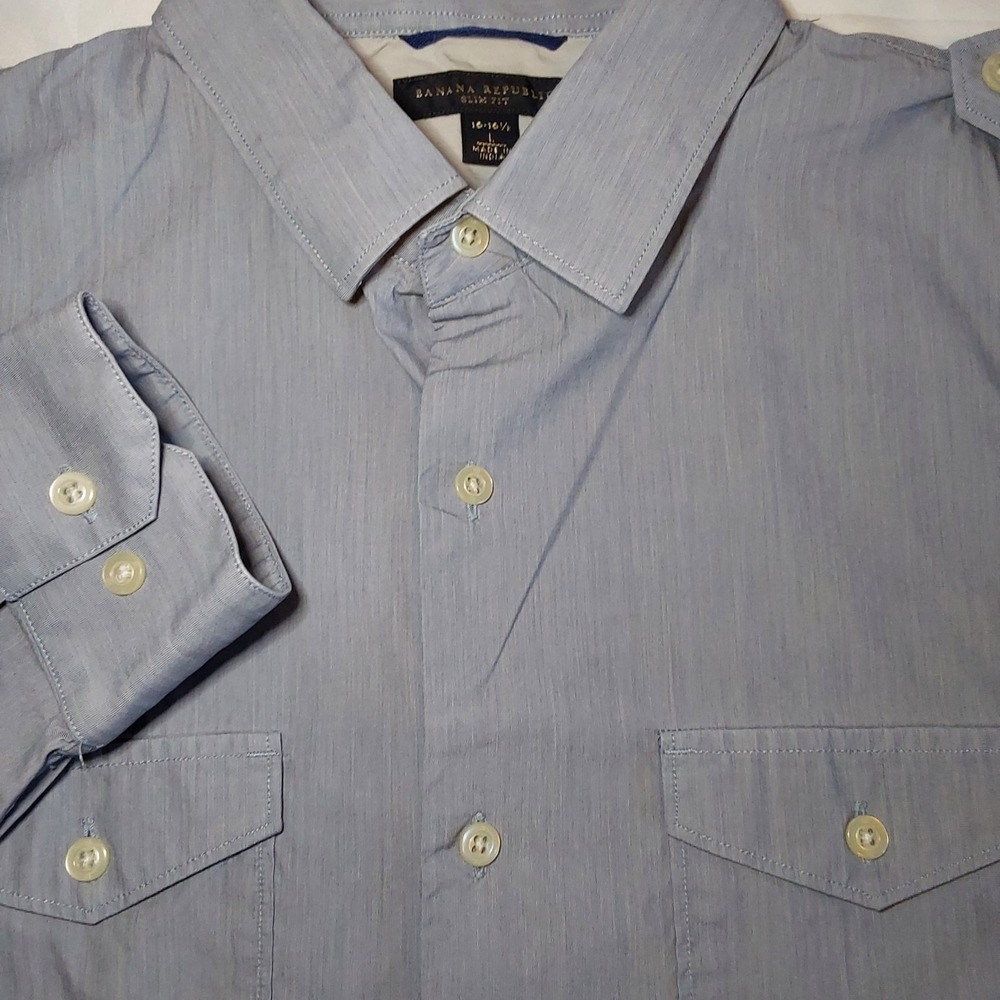 Banana‎ Republic Dress Shirt Mens 16-16.5  LG Blue Long Sleeve Tailored Slim Fit